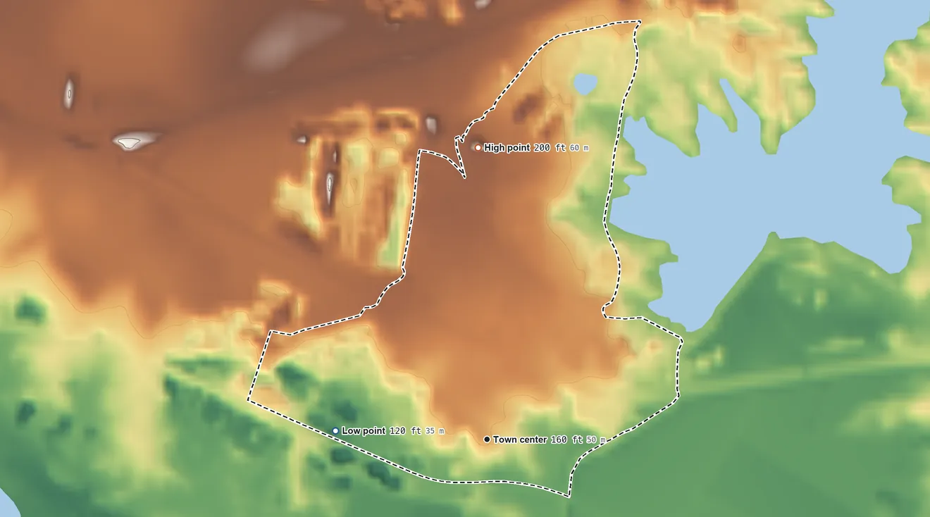 Topographic elevation map of Havana, Texas, shaded from 120 ft on the west side to 200 ft on the north side