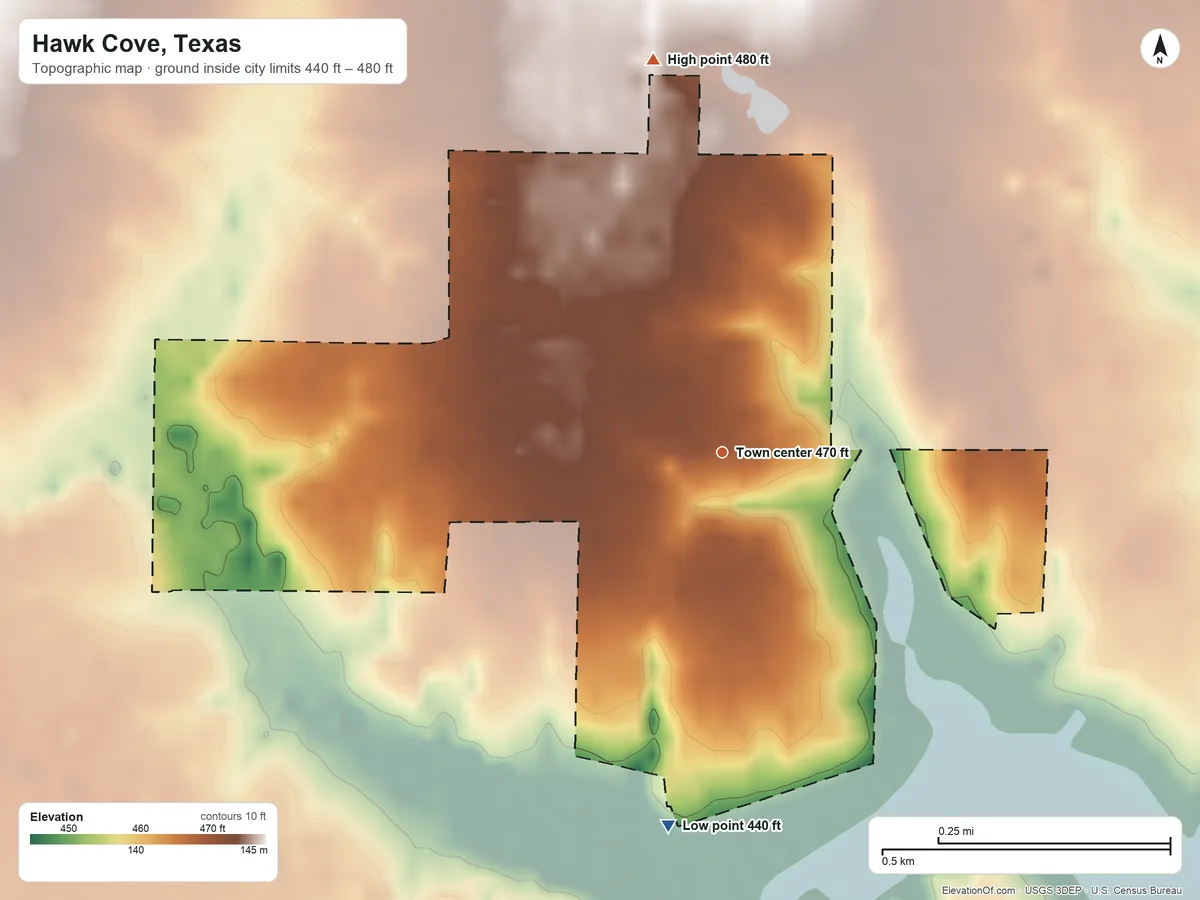 Topographic elevation map of Hawk Cove, Texas, shaded from 440 ft on the south side to 480 ft on the north side