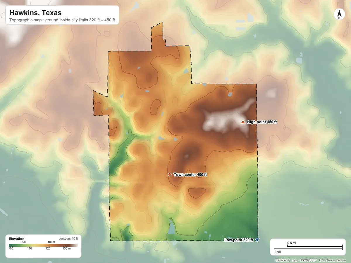Topographic elevation map of Hawkins, Texas, shaded from 320 ft on the southeast side to 450 ft on the northeast side