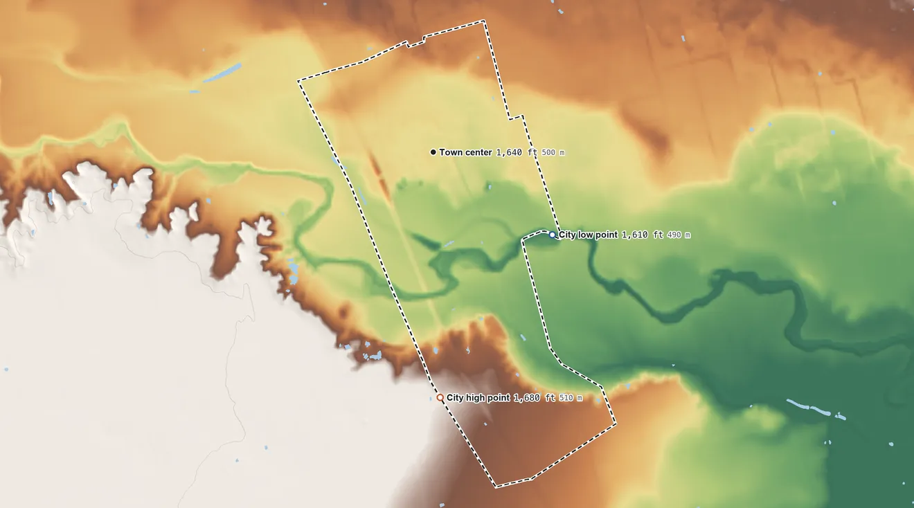 Topographic elevation map of Hawley, Texas, shaded from 1,610 ft on the southeast side to 1,680 ft on the south side