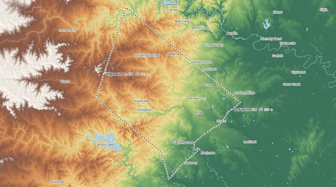 Topographic elevation map of Hays County, Texas, shaded from 520 ft on the east side to 1,650 ft on the west side