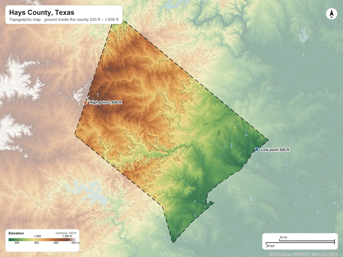 Topographic elevation map of Hays County, Texas, shaded from 520 ft on the east side to 1,650 ft on the west side