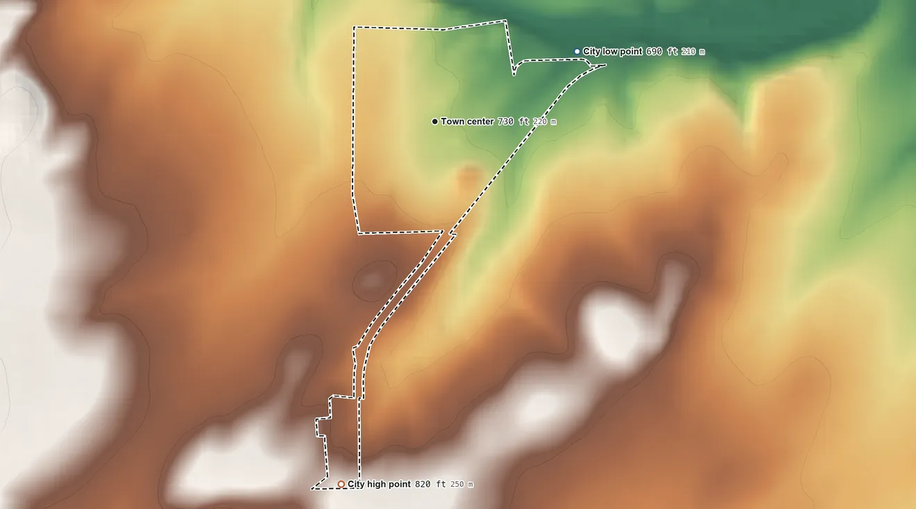 Topographic elevation map of Hays, Texas, shaded from 690 ft on the northeast side to 820 ft on the south side