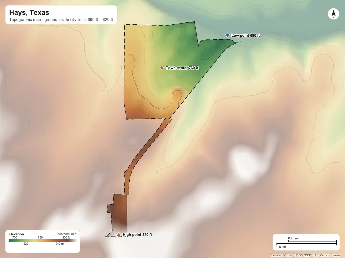 Topographic elevation map of Hays, Texas, shaded from 690 ft on the northeast side to 820 ft on the south side