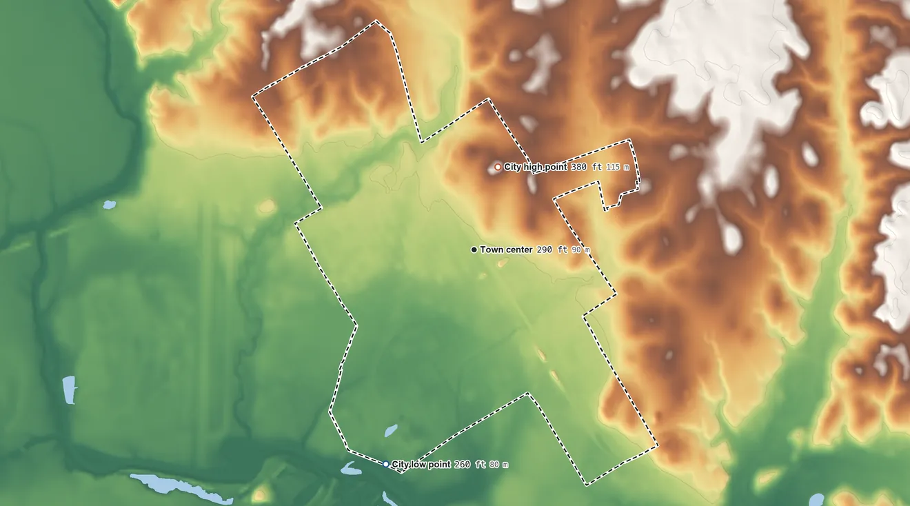Topographic elevation map of Hearne, Texas, shaded from 260 ft on the south side to 380 ft on the north side