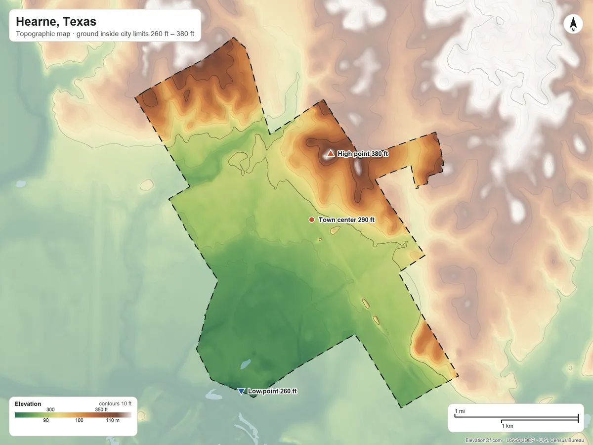 Topographic elevation map of Hearne, Texas, shaded from 260 ft on the south side to 380 ft on the north side