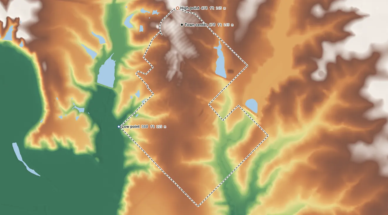 Topographic elevation map of Heartland, Texas, shaded from 380 ft on the southwest side to 470 ft near the middle