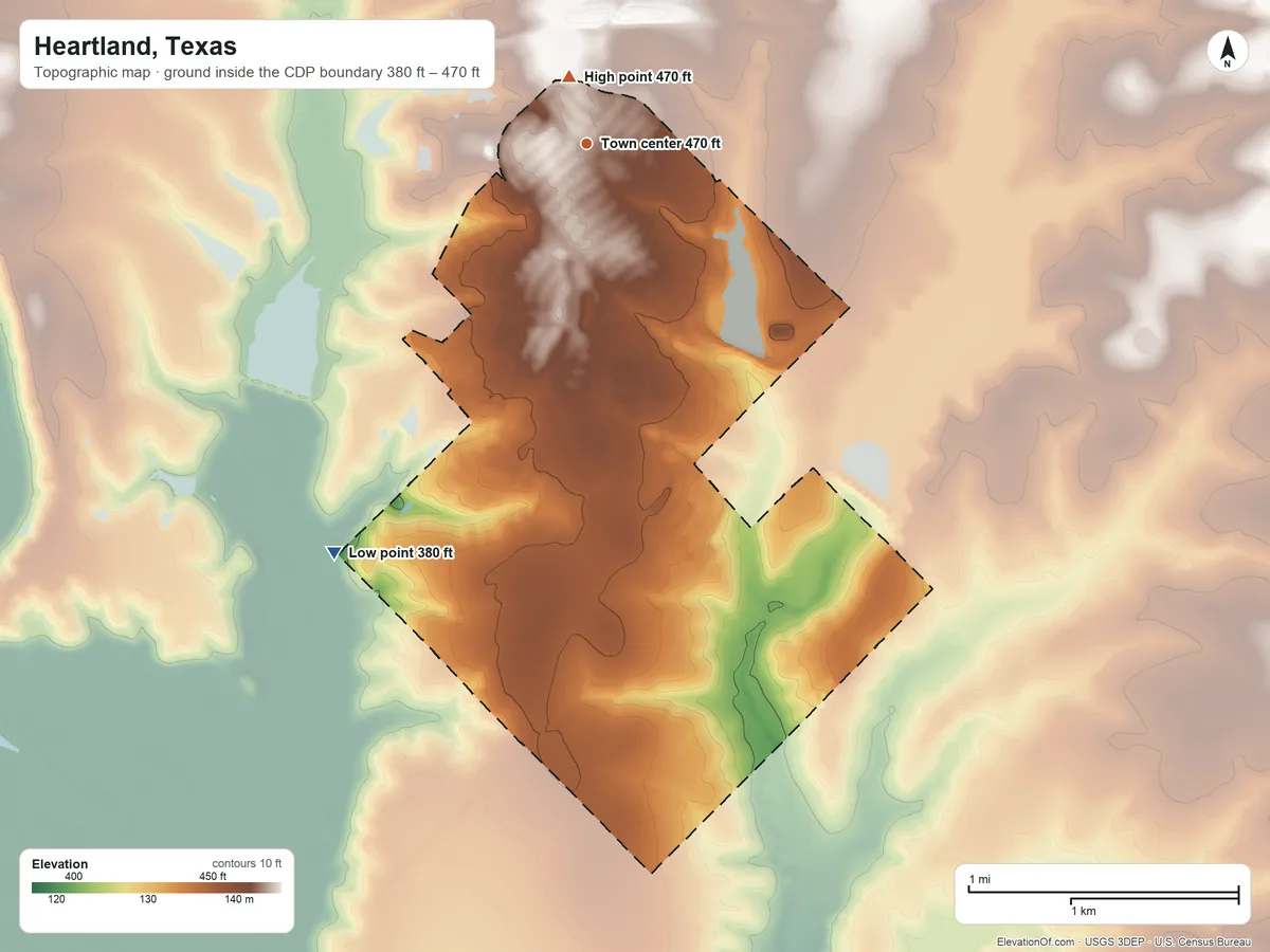 Topographic elevation map of Heartland, Texas, shaded from 380 ft on the southwest side to 470 ft near the middle