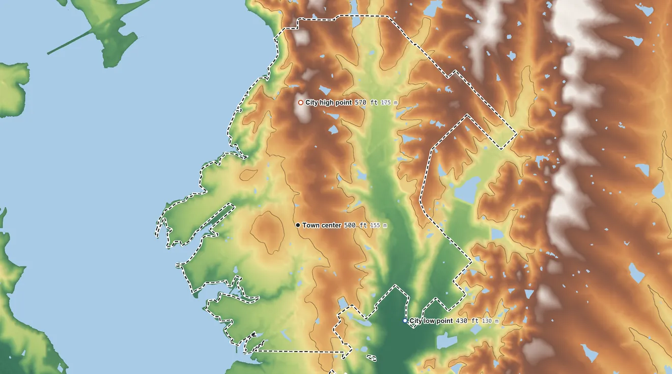 Topographic elevation map of Heath, Texas, shaded from 430 ft on the southeast side to 570 ft on the north side