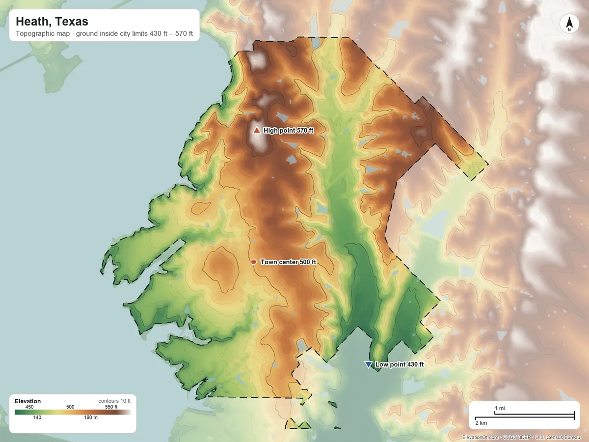 Topographic elevation map of Heath, Texas, shaded from 430 ft on the southeast side to 570 ft on the north side