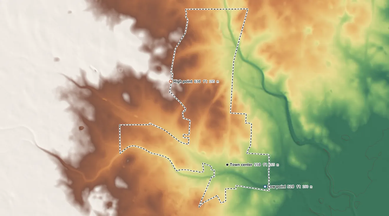 Topographic elevation map of Hebbronville, Texas, shaded from 520 ft on the southeast side to 630 ft on the northwest side