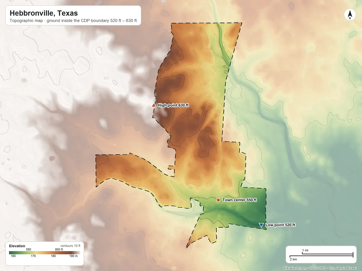 Topographic elevation map of Hebbronville, Texas, shaded from 520 ft on the southeast side to 630 ft on the northwest side