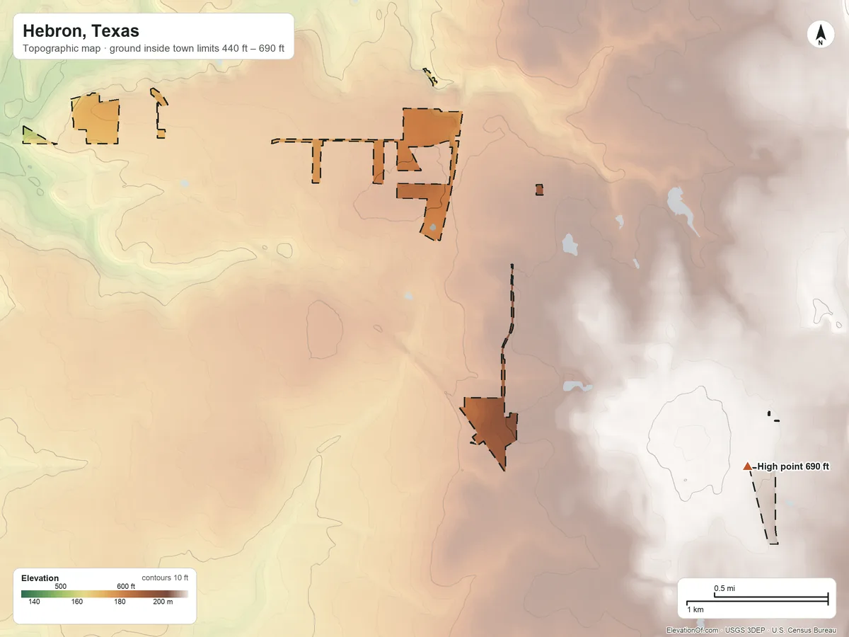 Topographic elevation map of Hebron, Texas, shaded from 440 ft on the southwest side to 690 ft on the east side