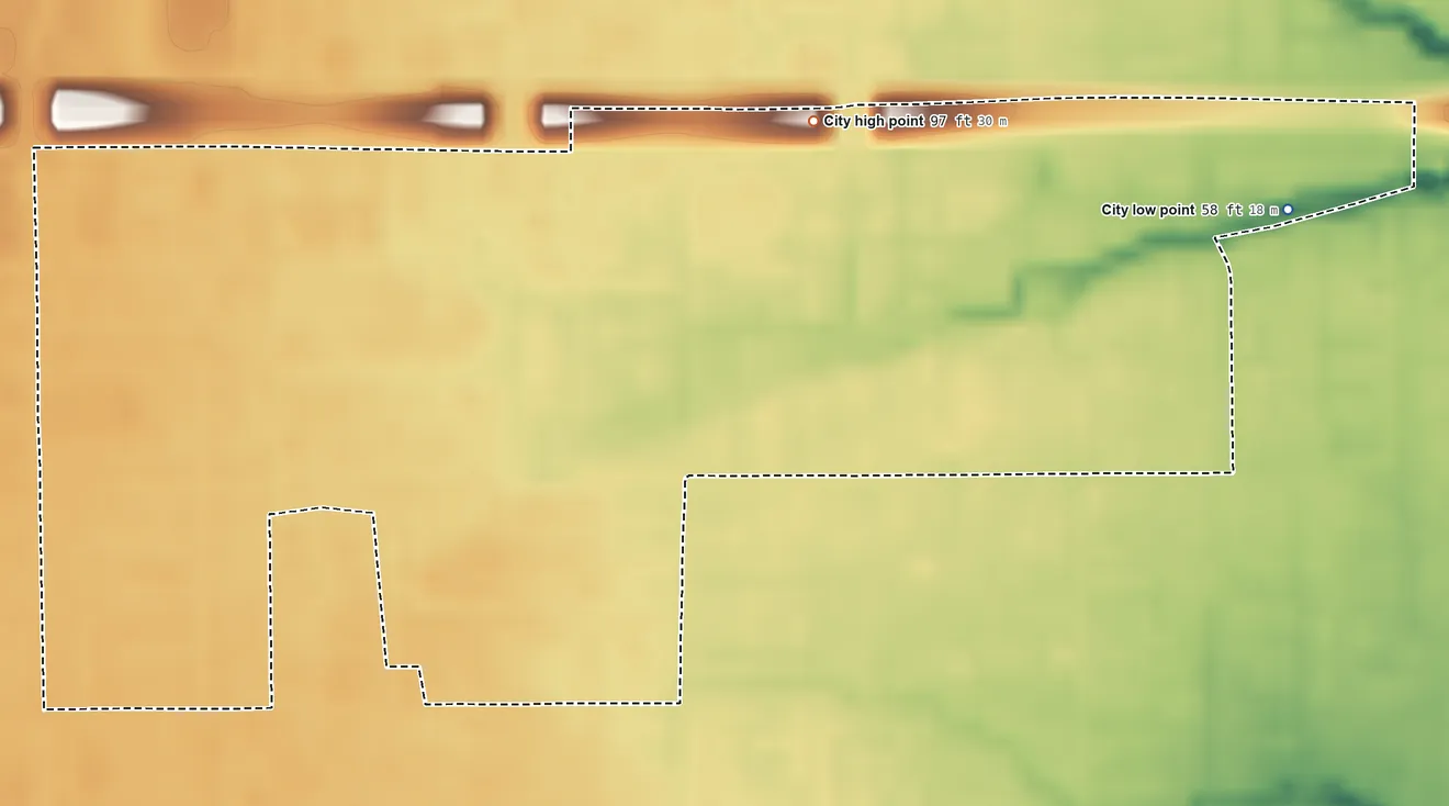 Topographic elevation map of Hedwig Village, Texas, shaded from 58 ft on the northeast side to 97 ft on the northeast side