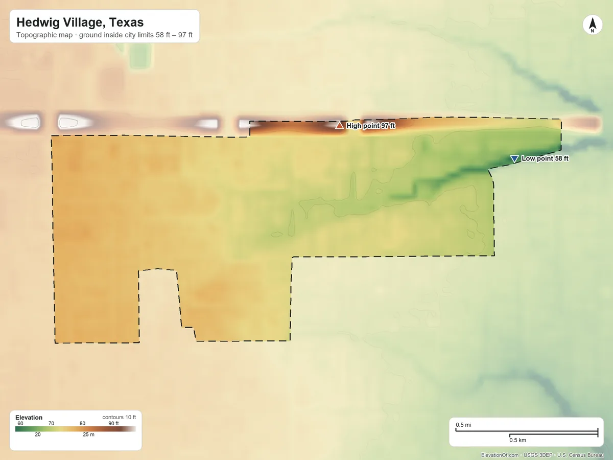 Topographic elevation map of Hedwig Village, Texas, shaded from 58 ft on the northeast side to 97 ft on the northeast side