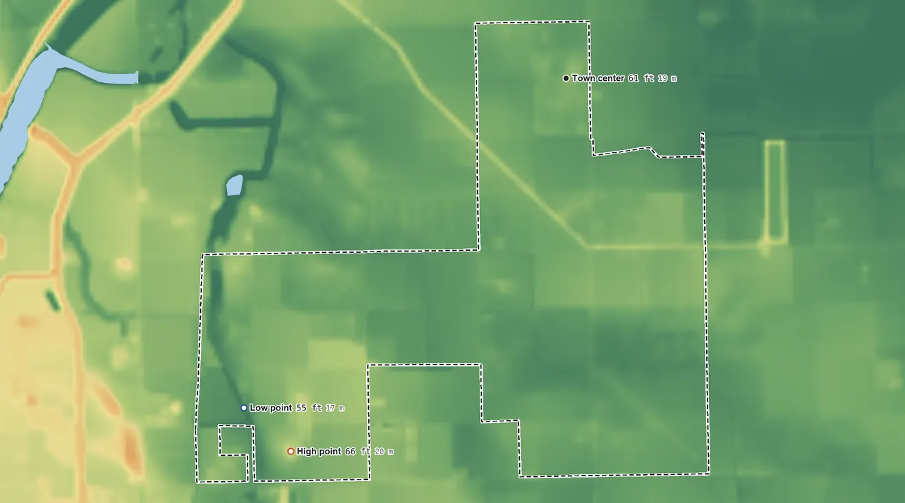 Topographic elevation map of Heidelberg, Texas, shaded from 55 ft on the southwest side to 66 ft on the southwest side