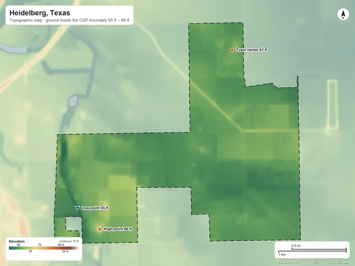 Topographic elevation map of Heidelberg, Texas, shaded from 55 ft on the southwest side to 66 ft on the southwest side