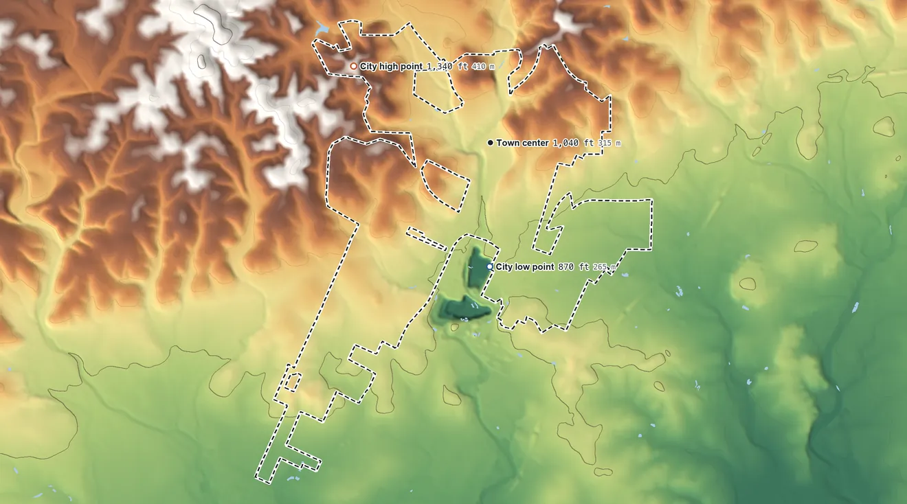 Topographic elevation map of Helotes, Texas, shaded from 870 ft on the south side to 1,340 ft on the northwest side