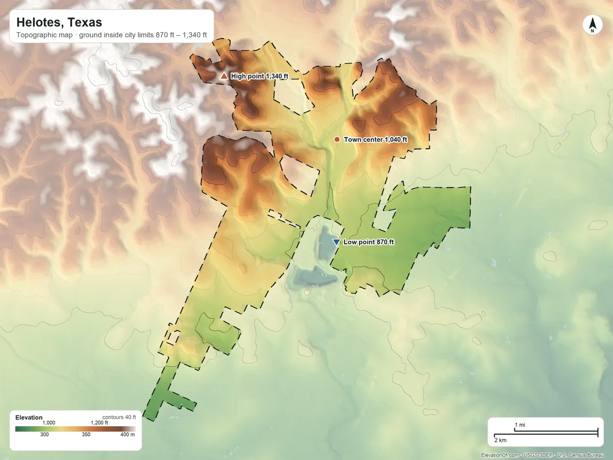 Topographic elevation map of Helotes, Texas, shaded from 870 ft on the south side to 1,340 ft on the northwest side