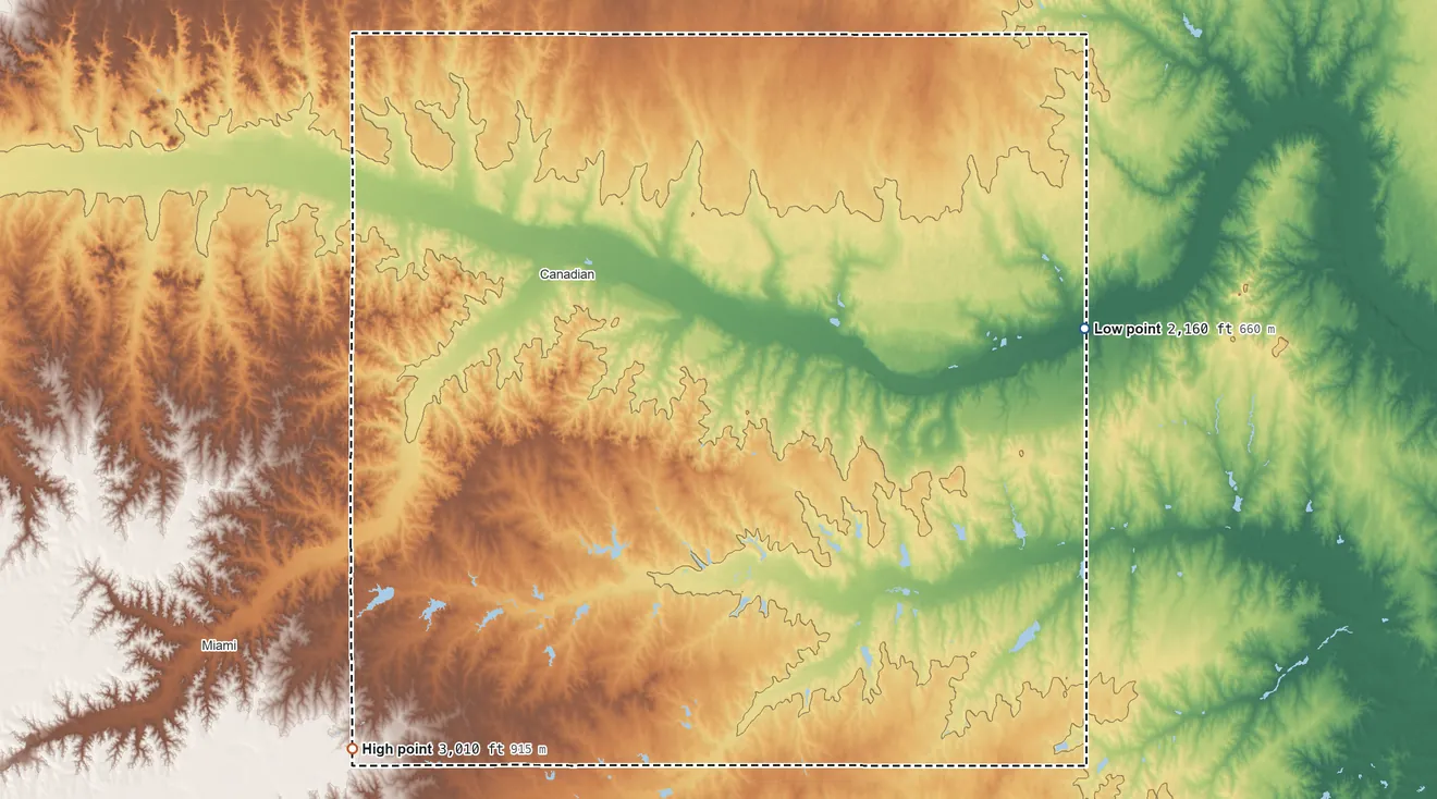 Topographic elevation map of Hemphill County, Texas, shaded from 2,160 ft on the east side to 3,010 ft on the southwest side