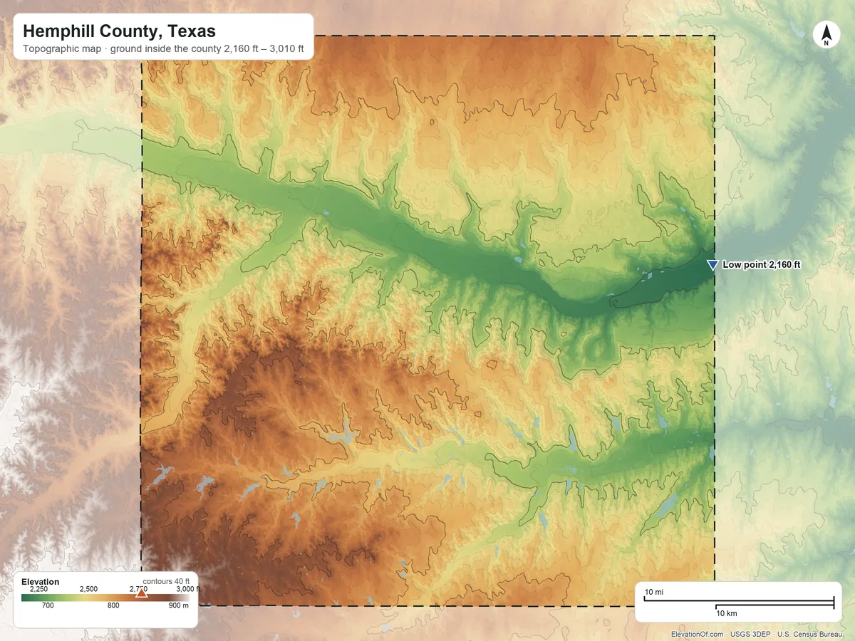 Topographic elevation map of Hemphill County, Texas, shaded from 2,160 ft on the east side to 3,010 ft on the southwest side