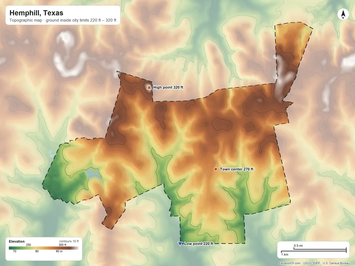 Topographic elevation map of Hemphill, Texas, shaded from 220 ft on the southwest side to 320 ft on the northwest side