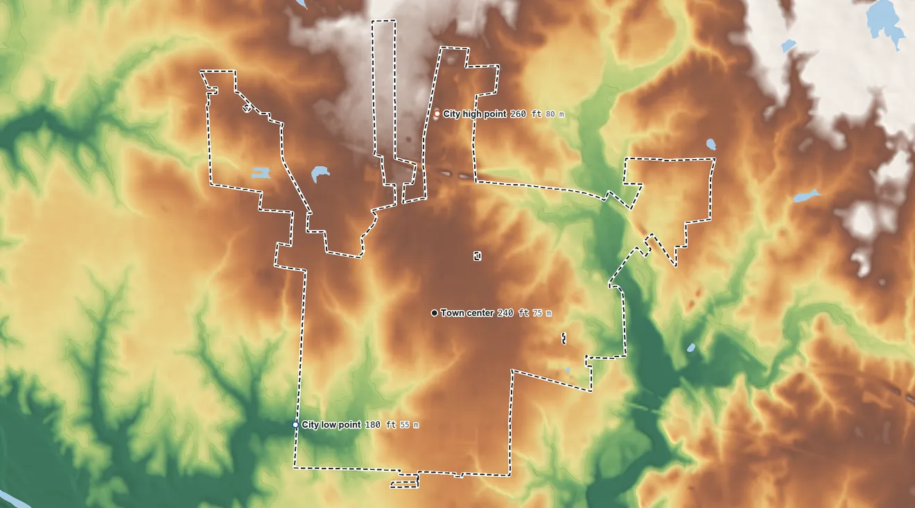 Topographic elevation map of Hempstead, Texas, shaded from 180 ft on the southwest side to 260 ft on the north side
