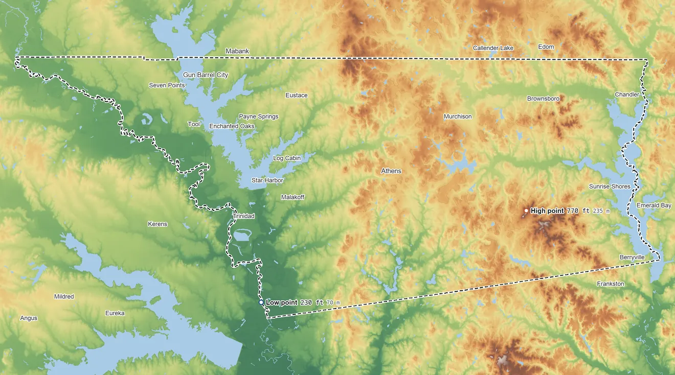 Topographic elevation map of Henderson County, Texas, shaded from 230 ft on the southwest side to 770 ft on Tater Hill Mountain