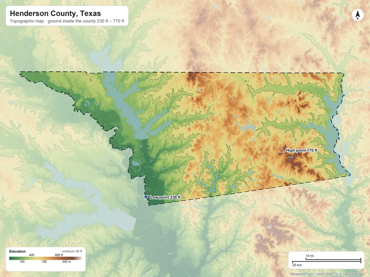Topographic elevation map of Henderson County, Texas, shaded from 230 ft on the southwest side to 770 ft on Tater Hill Mountain