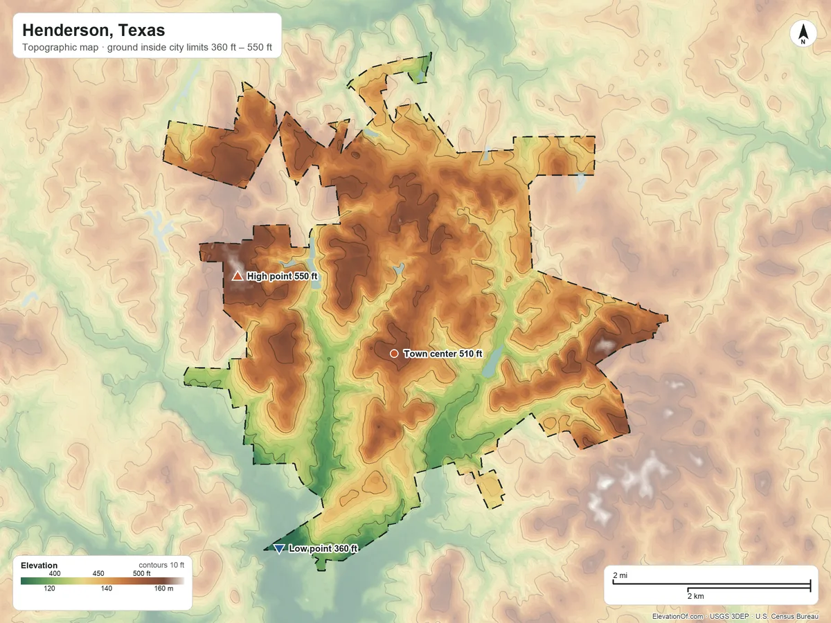Topographic elevation map of Henderson, Texas, shaded from 360 ft on the southwest side to 550 ft on the northwest side