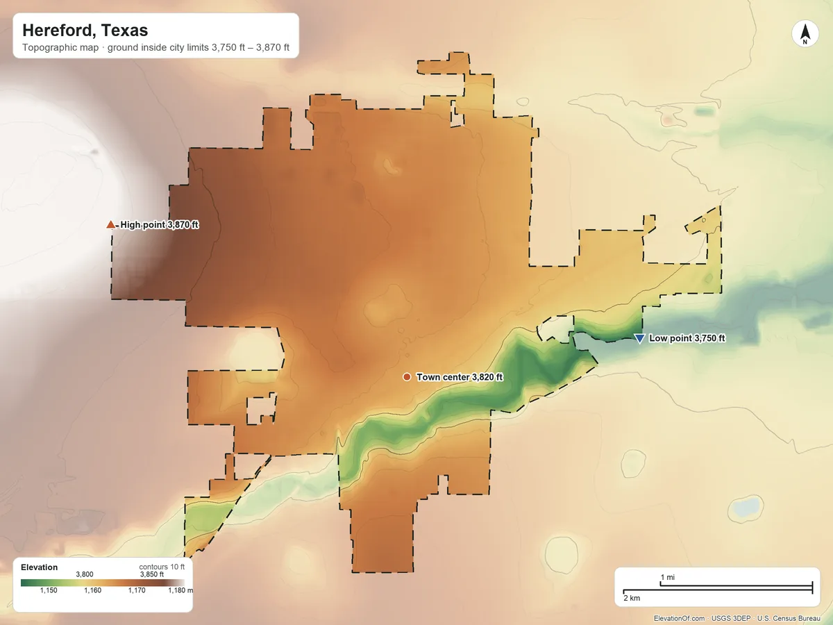 Topographic elevation map of Hereford, Texas, shaded from 3,750 ft on the east side to 3,870 ft on the northwest side