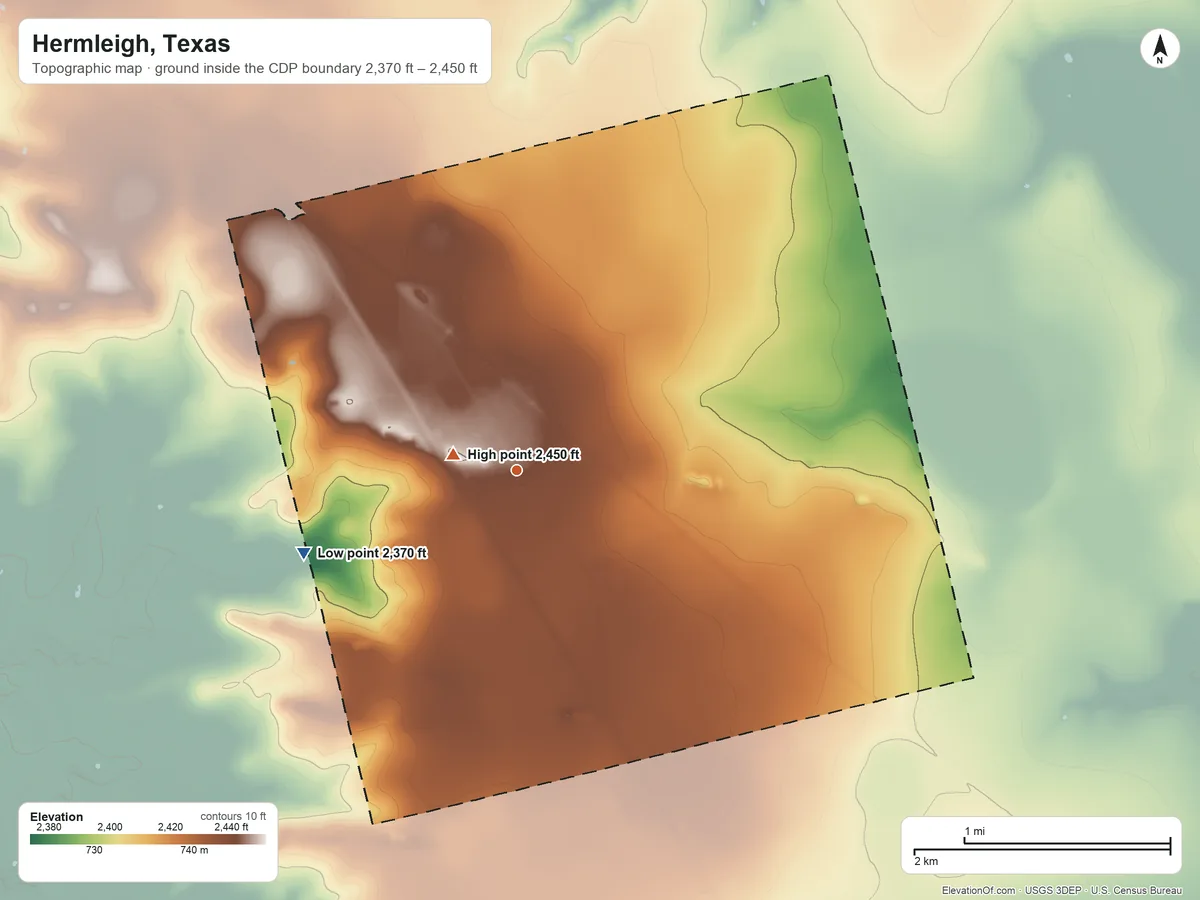 Topographic elevation map of Hermleigh, Texas, shaded from 2,370 ft on the west side to 2,450 ft near the middle