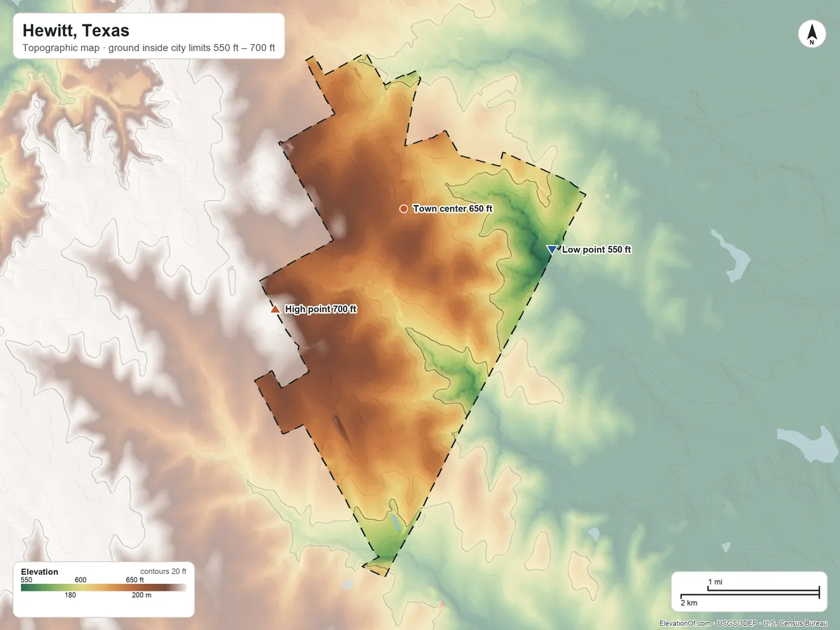 Topographic elevation map of Hewitt, Texas, shaded from 550 ft on the east side to 700 ft on the southwest side
