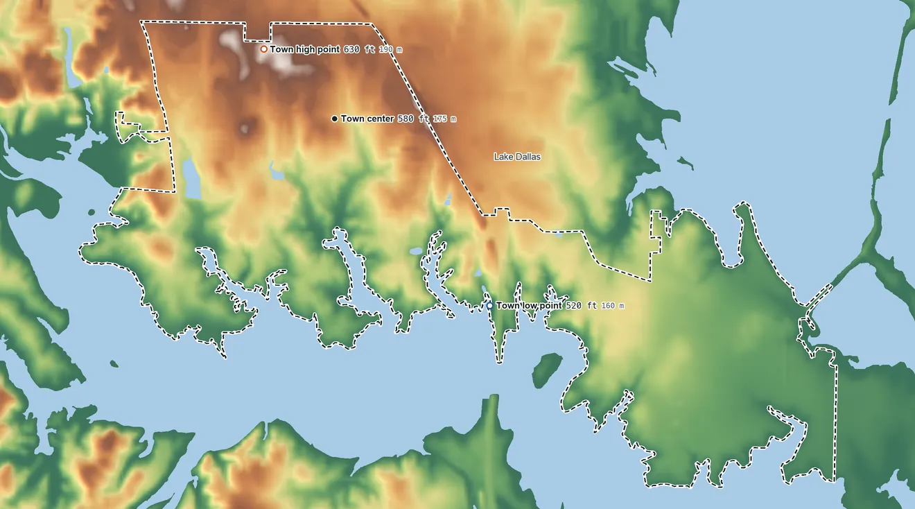 Topographic elevation map of Hickory Creek, Texas, shaded from 520 ft on the southeast side to 630 ft on the northwest side