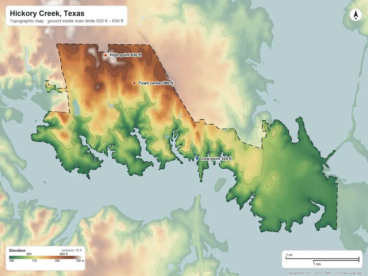 Topographic elevation map of Hickory Creek, Texas, shaded from 520 ft on the southeast side to 630 ft on the northwest side