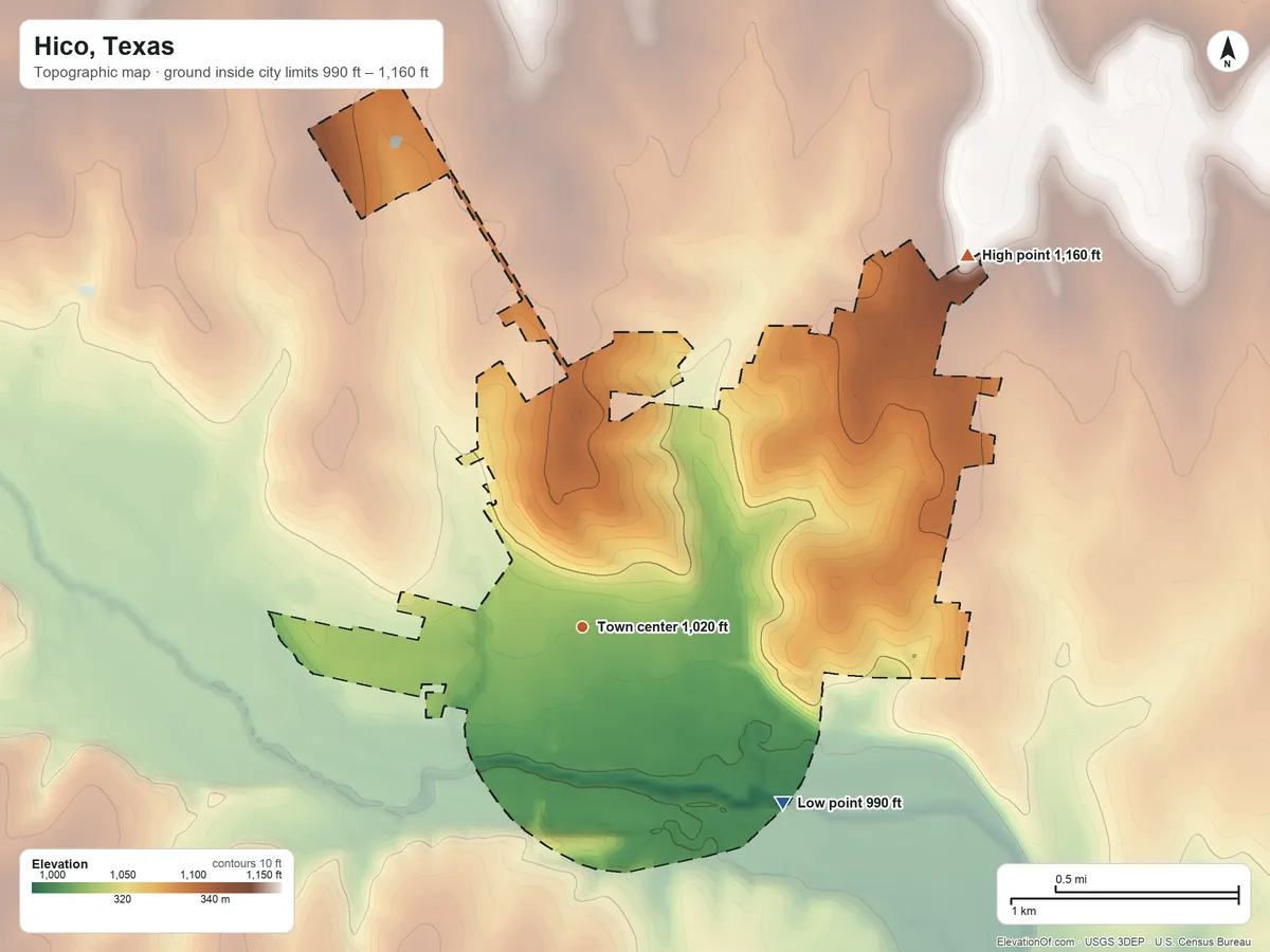 Topographic elevation map of Hico, Texas, shaded from 990 ft on the southeast side to 1,160 ft on the northeast side