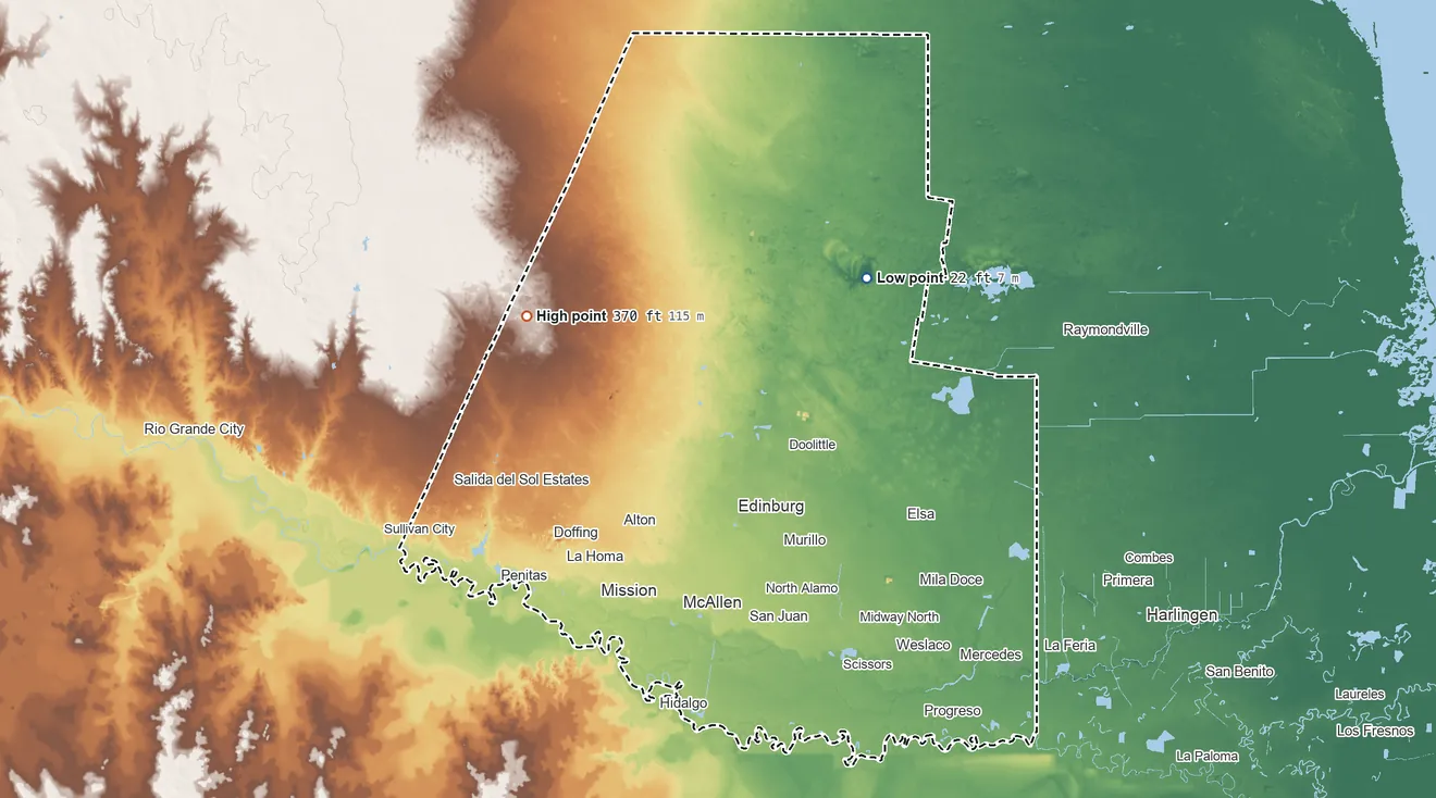 Topographic elevation map of Hidalgo County, Texas, shaded from 22 ft on the northeast side to 370 ft on the northwest side
