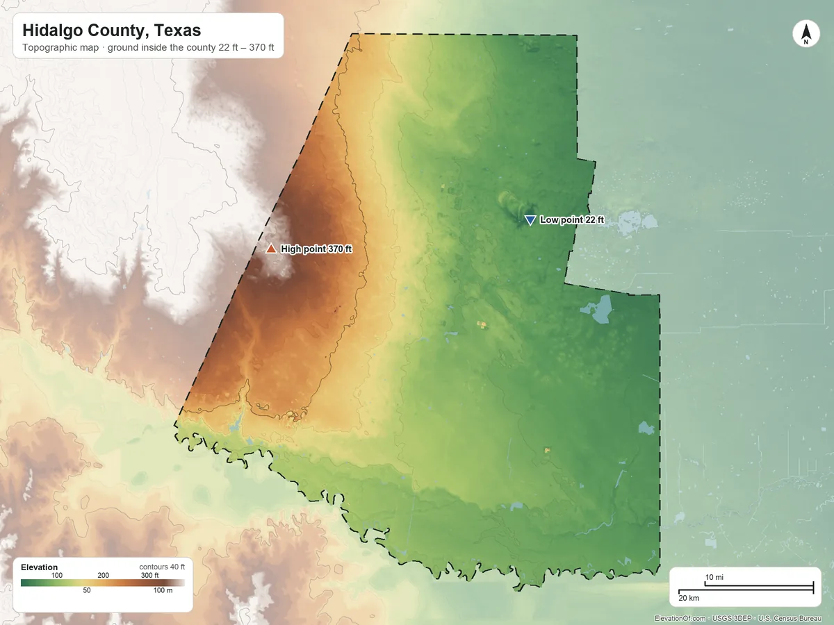 Topographic elevation map of Hidalgo County, Texas, shaded from 22 ft on the northeast side to 370 ft on the northwest side