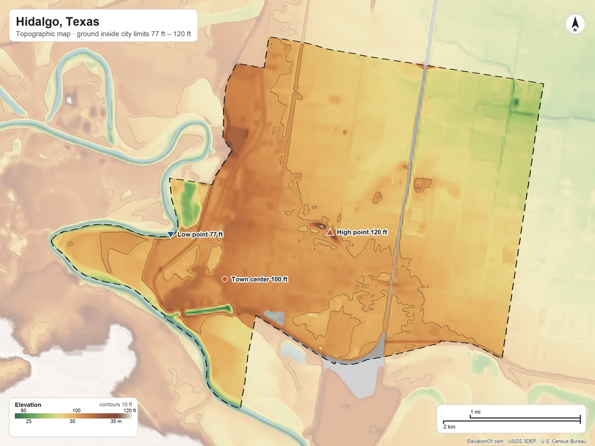 Topographic elevation map of Hidalgo, Texas, shaded from 77 ft on the northwest side to 120 ft on the northeast side