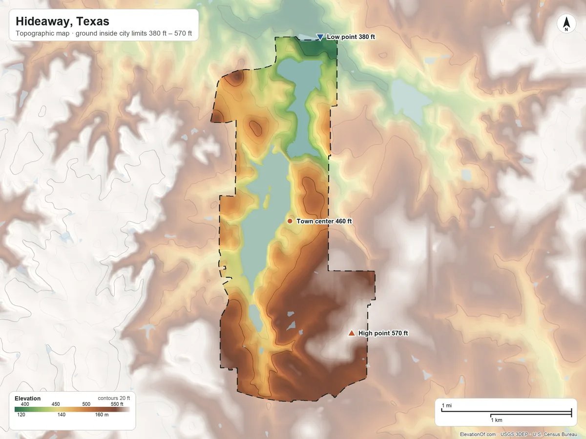Topographic elevation map of Hideaway, Texas, shaded from 380 ft on the north side to 570 ft on the southeast side