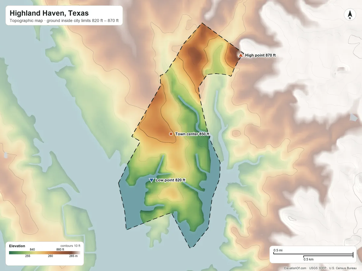 Topographic elevation map of Highland Haven, Texas, shaded from 820 ft on the southwest side to 870 ft on the northeast side