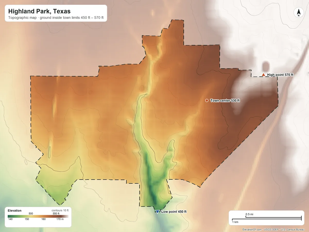 Topographic elevation map of Highland Park, Texas, shaded from 450 ft on the southwest side to 570 ft on the northeast side