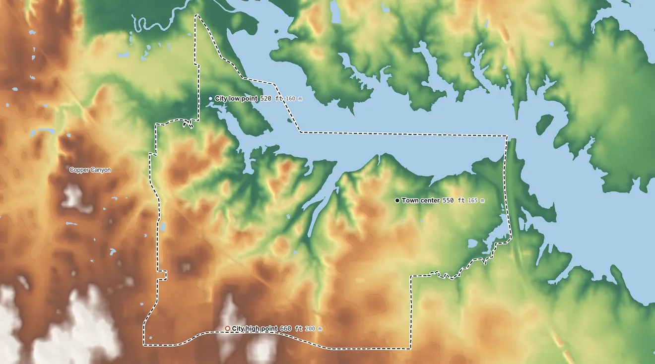 Topographic elevation map of Highland Village, Texas, shaded from 520 ft on the northwest side to 660 ft on the southwest side