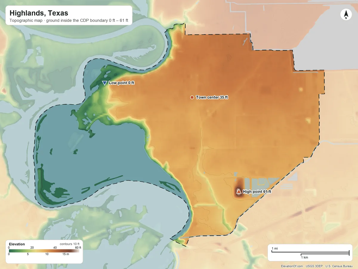Topographic elevation map of Highlands, Texas, shaded from 0 ft on the west side to 61 ft on the southeast side