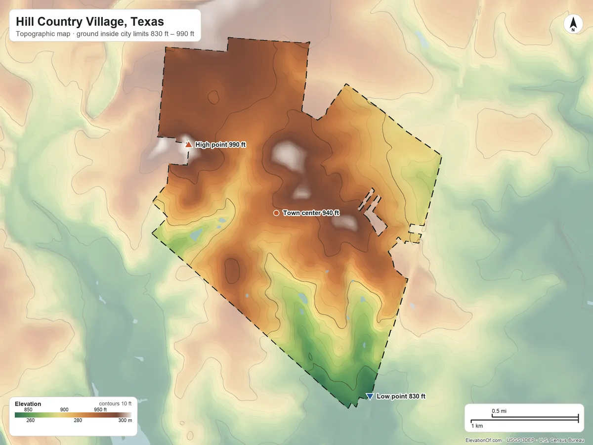 Topographic elevation map of Hill Country Village, Texas, shaded from 830 ft on the southeast side to 990 ft on the northwest side