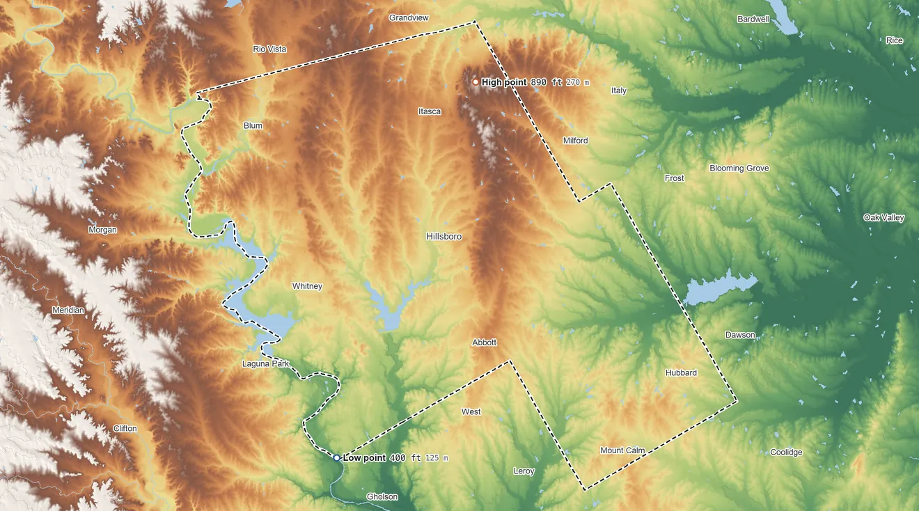 Topographic elevation map of Hill County, Texas, shaded from 400 ft on the southwest side to 890 ft on the north side