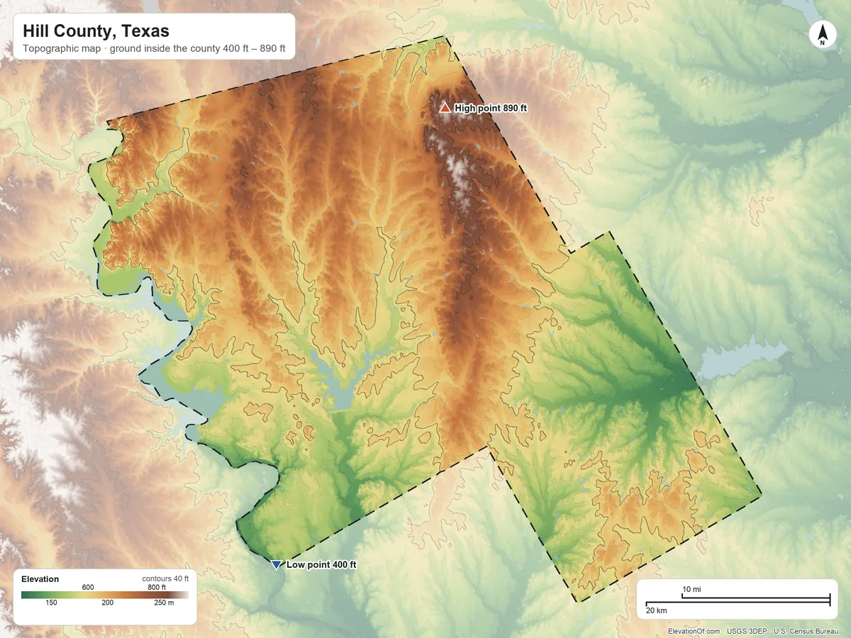 Topographic elevation map of Hill County, Texas, shaded from 400 ft on the southwest side to 890 ft on the north side