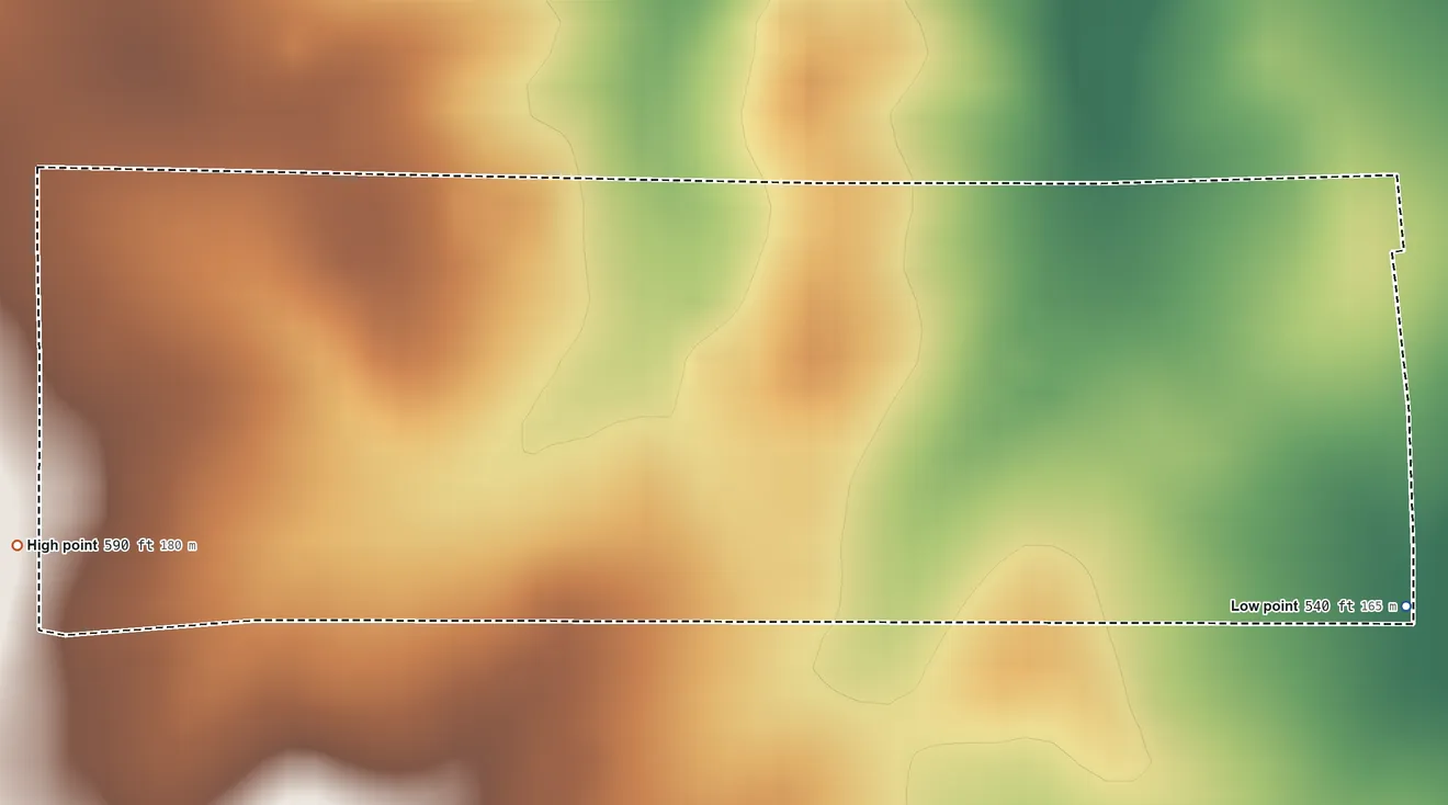 Topographic elevation map of Hillside Acres, Texas, shaded from 540 ft on the southeast side to 590 ft on the west side