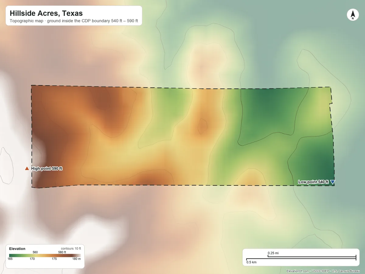 Topographic elevation map of Hillside Acres, Texas, shaded from 540 ft on the southeast side to 590 ft on the west side