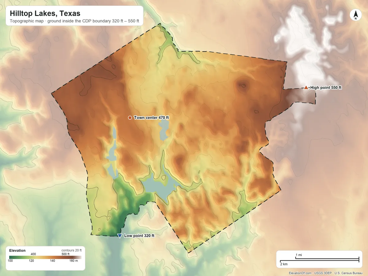 Topographic elevation map of Hilltop Lakes, Texas, shaded from 320 ft on the south side to 550 ft on the east side